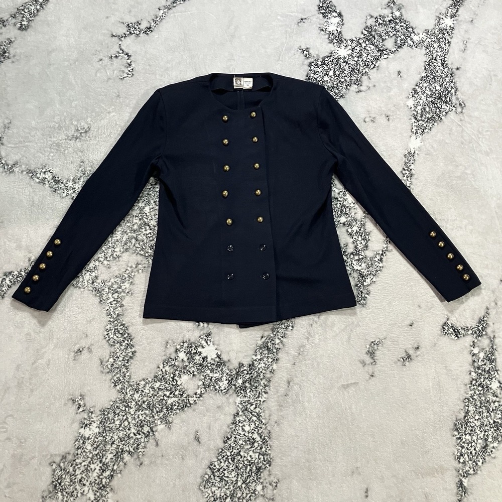 Vintage Anne Klein Womens Size 10 Navy Military Blazer Gold Button Union Made